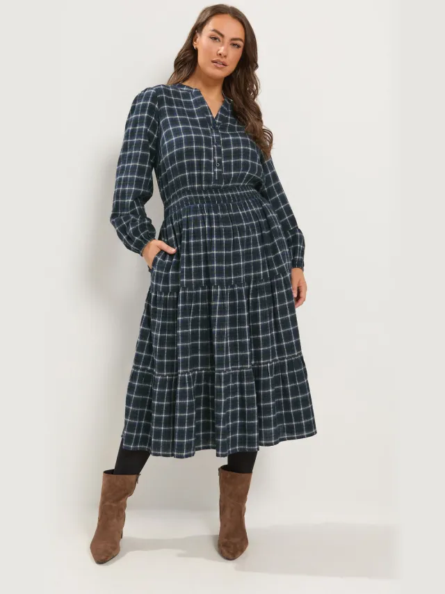 Yours Marineblauwe Geruite Midijurk Met Smokwerk Blue