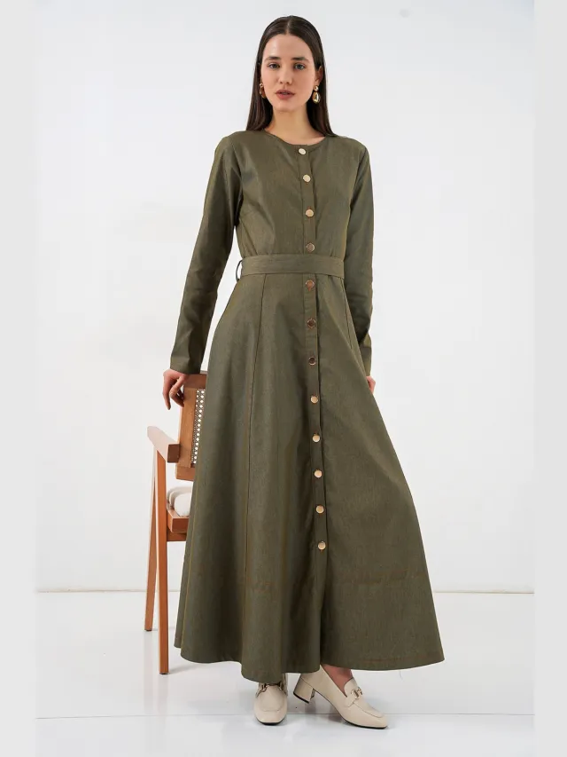 Big Dart Gestrikte Denim Midi-jurk Kaki