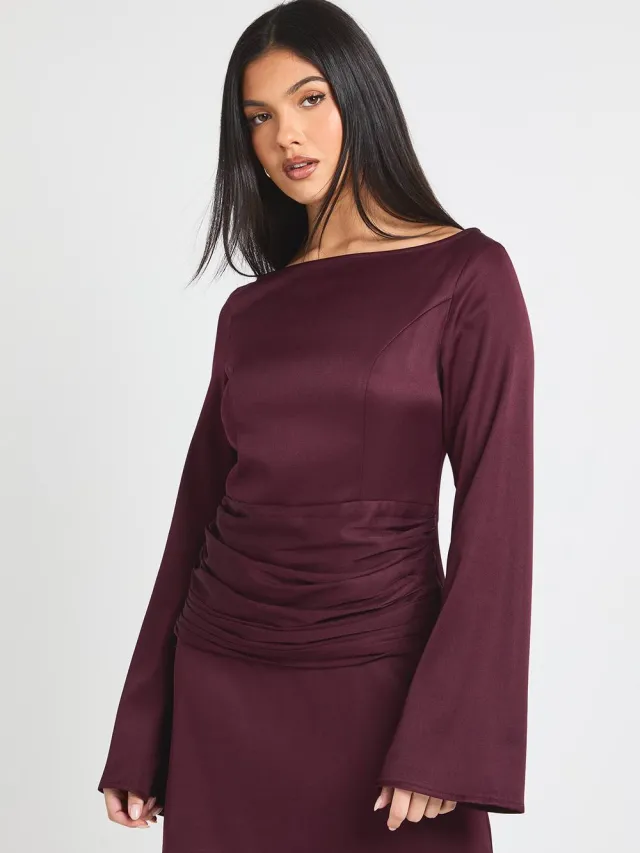 boohoo Dames Satijnen Wikkel Taille Lange Mouw Mini Jurk Fig