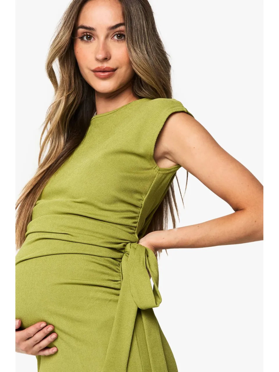boohoo Dames Zwangerschapsjurk met geribbelde strikdetail maxi jurk olijf, foto 2