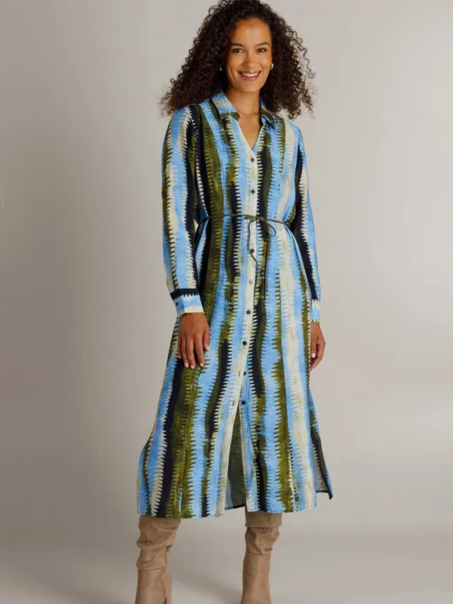 Ivy Beau jurk met col, ceintuur en print - blauw Blauw/groen