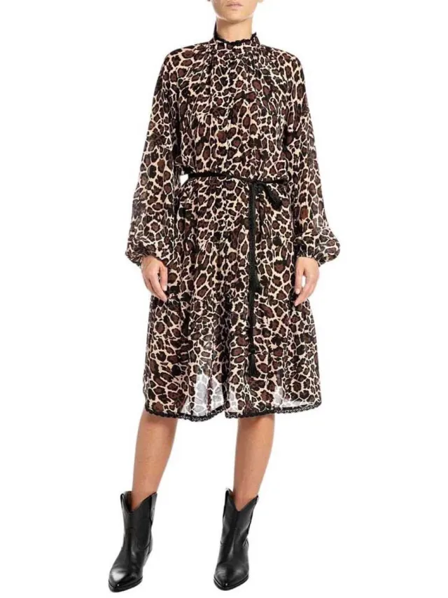 Replay W9113.000.74994 Midi-jurk Met Lange Mouwen Veelkleurig S Vrouw Black / Dark Grey