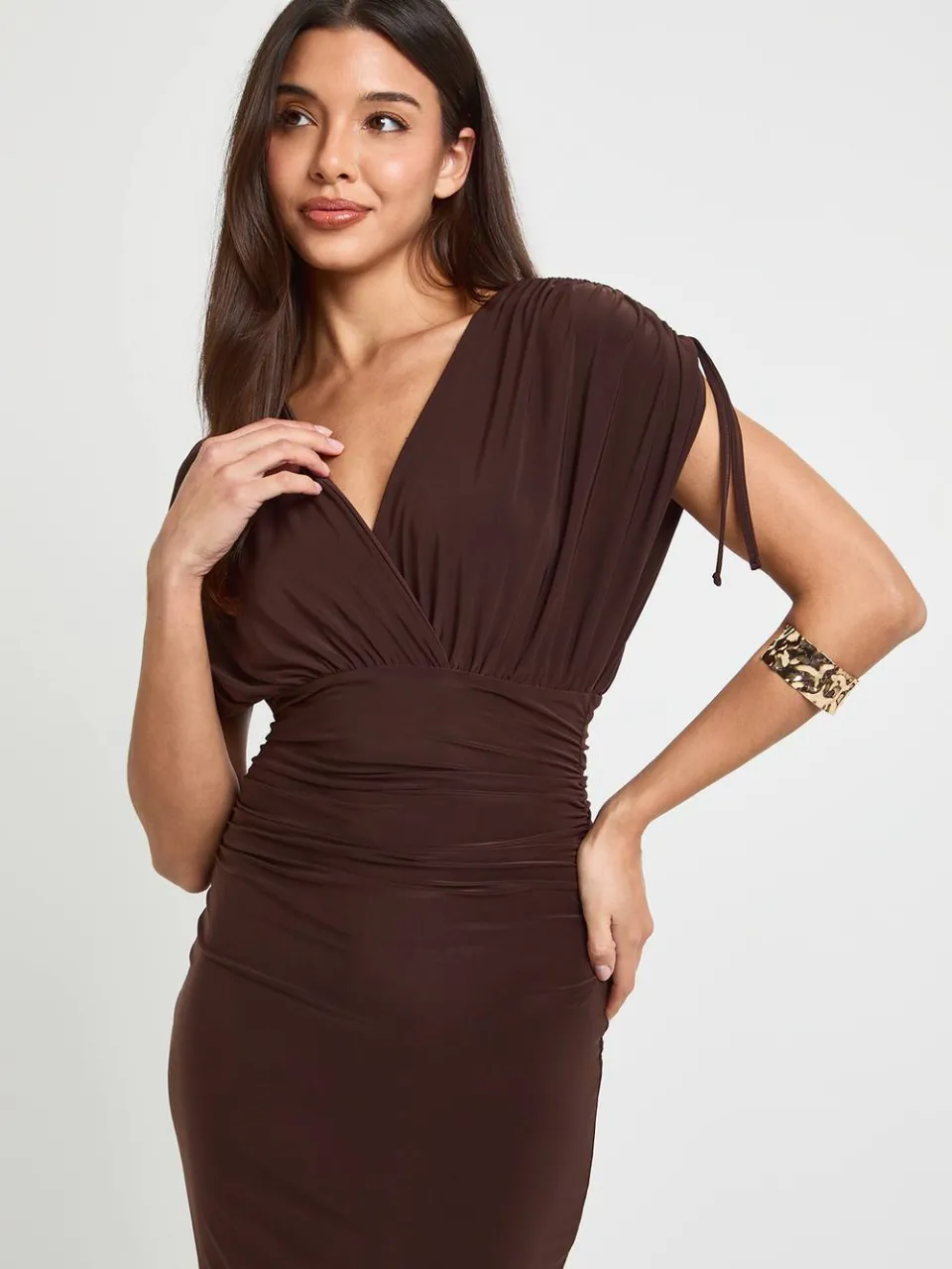 boohoo Dames Midi-jurk Met Diepe Halslijn En Strikdetail Op De Schouders chocoladebruin, foto 3