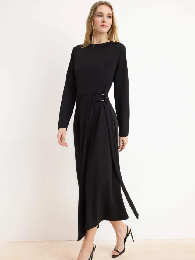 Trendyol Modest Dames Zwart Effen Maxi Lang Zakelijk A-lijn Modest Jurken