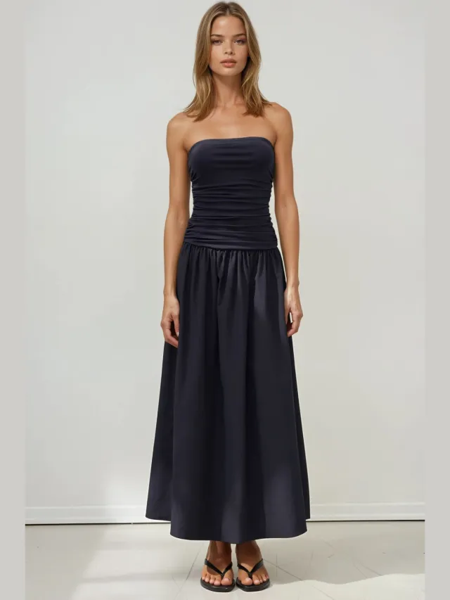 Hiccup Strapless Maxi Jurk Details Marineblauw