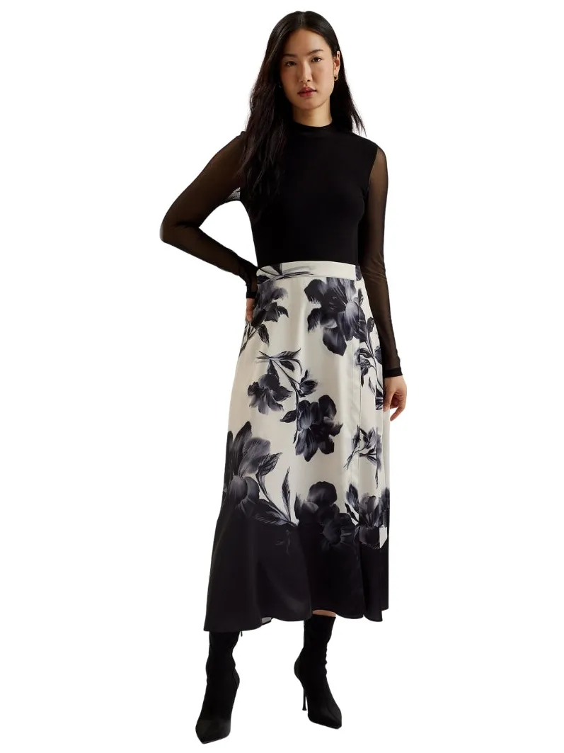 Ted Baker Wmd Selnaa Mesh Top Bedrukte Rok Midi Jurk Zwart