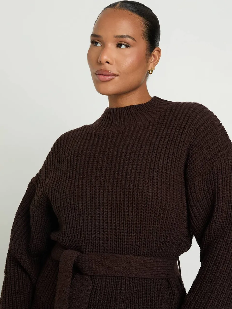 boohoo Dames Plus Gebreide Mini Jurk Met Strikceintuur chocoladebruin, foto 3
