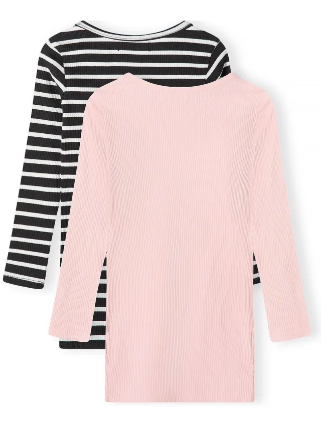 Minoti meisjes jurk lange mouw – geribd – 2-pack – roze en gestreept Meerkleurig