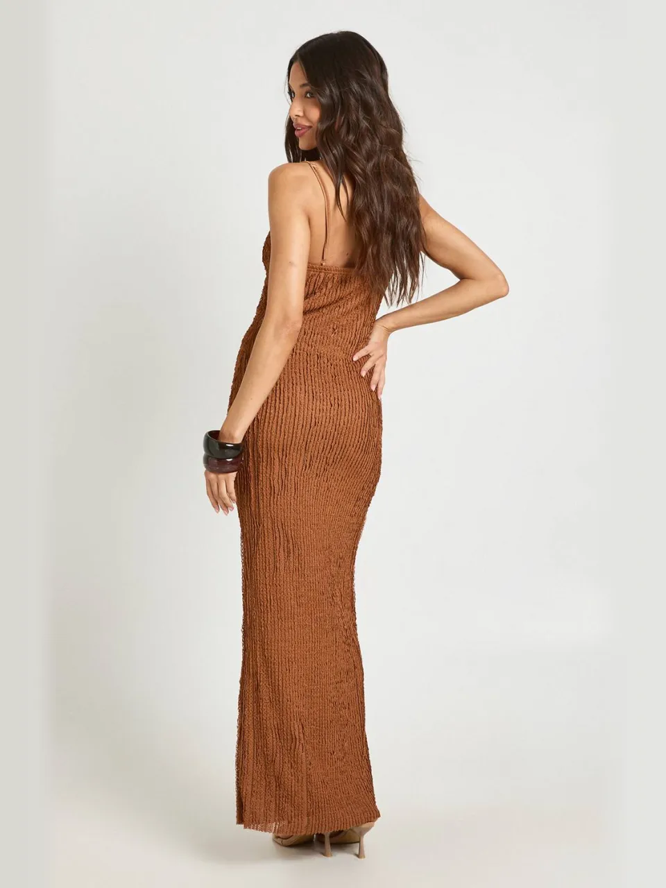 boohoo Dames Gestructureerde Gehaakte Bandjes Cami Maxi Jurk chocoladebruin, foto 2