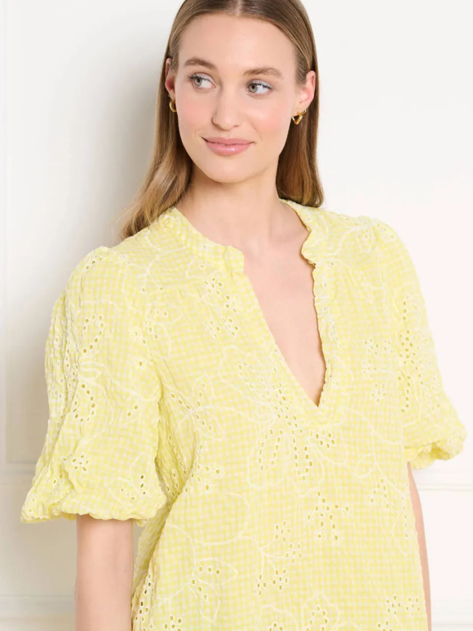 LOLALIZA geruite blousejurk broderie geel, foto 6