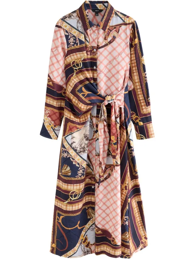 Next Dames - Midi-overhemdjurk met gestrikte taille en lange mouwen - Roze Pink Scarf Print