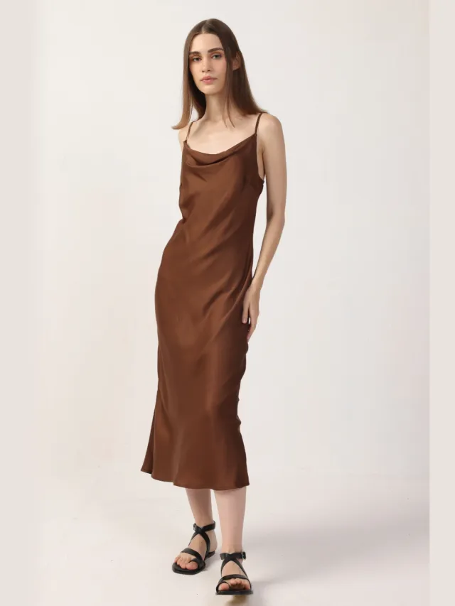 Neu Nomads dames vegan Midi Jurk Cowl Neck Cognac Bruin