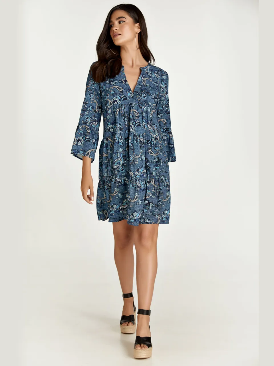 Conquista Indigo Paisley jurk met geplooide naden Indigoblauw
