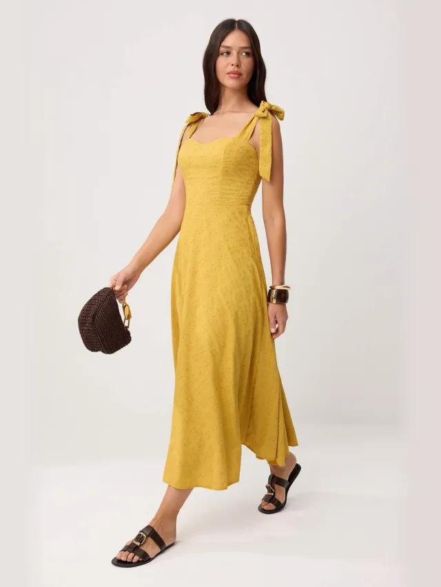 Trendyol TRENDYOLMİLLA Dames Geel Effen Midi Mouwloos Casual Skater Jurken Mosterdgeel
