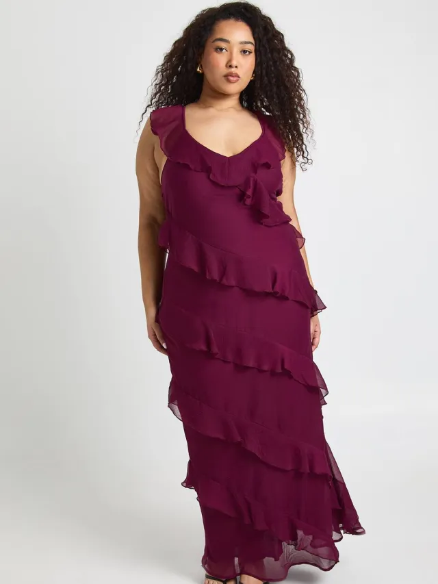 boohoo Dames Plus Chiffon Ruffle Bandjes Maxi Jurk Wijn