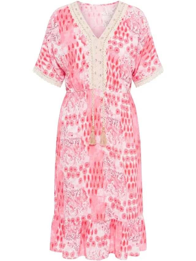 MIAMODA Dames - Midi-jurk comfortabele pasvorm all-over print kanten linten - Neonrood