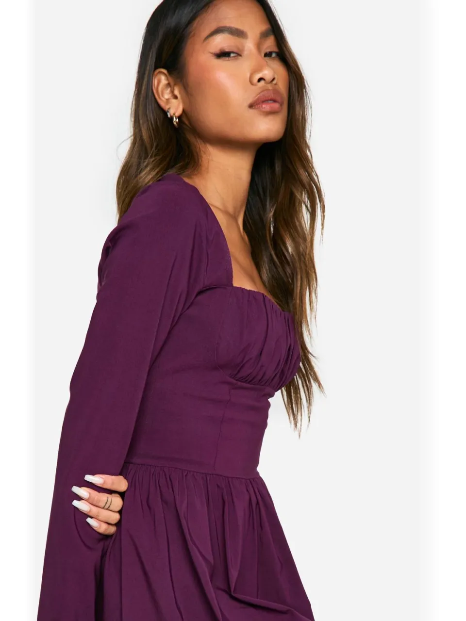 boohoo Dames Bengaline Corset Lange Mouw Skaterjurk pruim, foto 3
