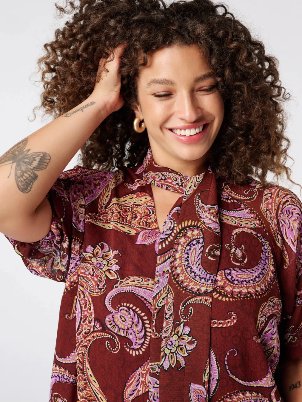 MS Mode Plus Size korte bohemian jurk met ceintuur en paisley - donkerrood/roze, foto 6