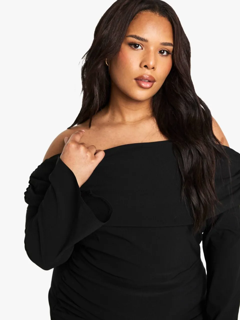 boohoo Dames PLUS BENGALINE LANGMOUWIGE BARDOT MINijURK zwart, foto 3