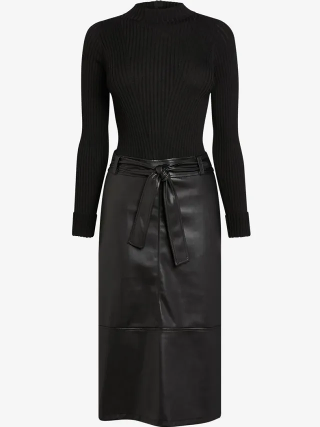 Next Dames - Midi-jurk met imitatieleren mix en riem - Zwart Black