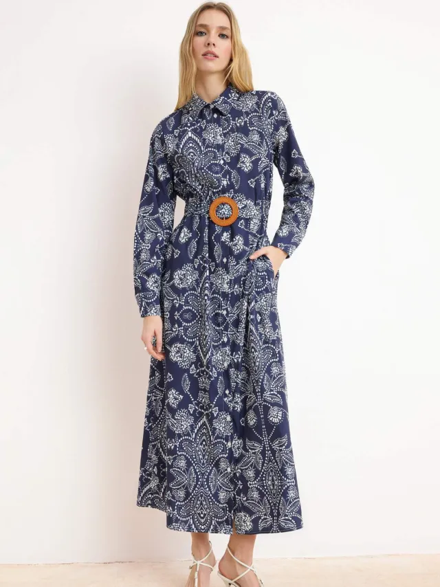 Trendyol Modest Dames Donkerblauw Etnisch patroon Maxi Lang Casual Skater Modest Jurken Marineblauw/Blauw