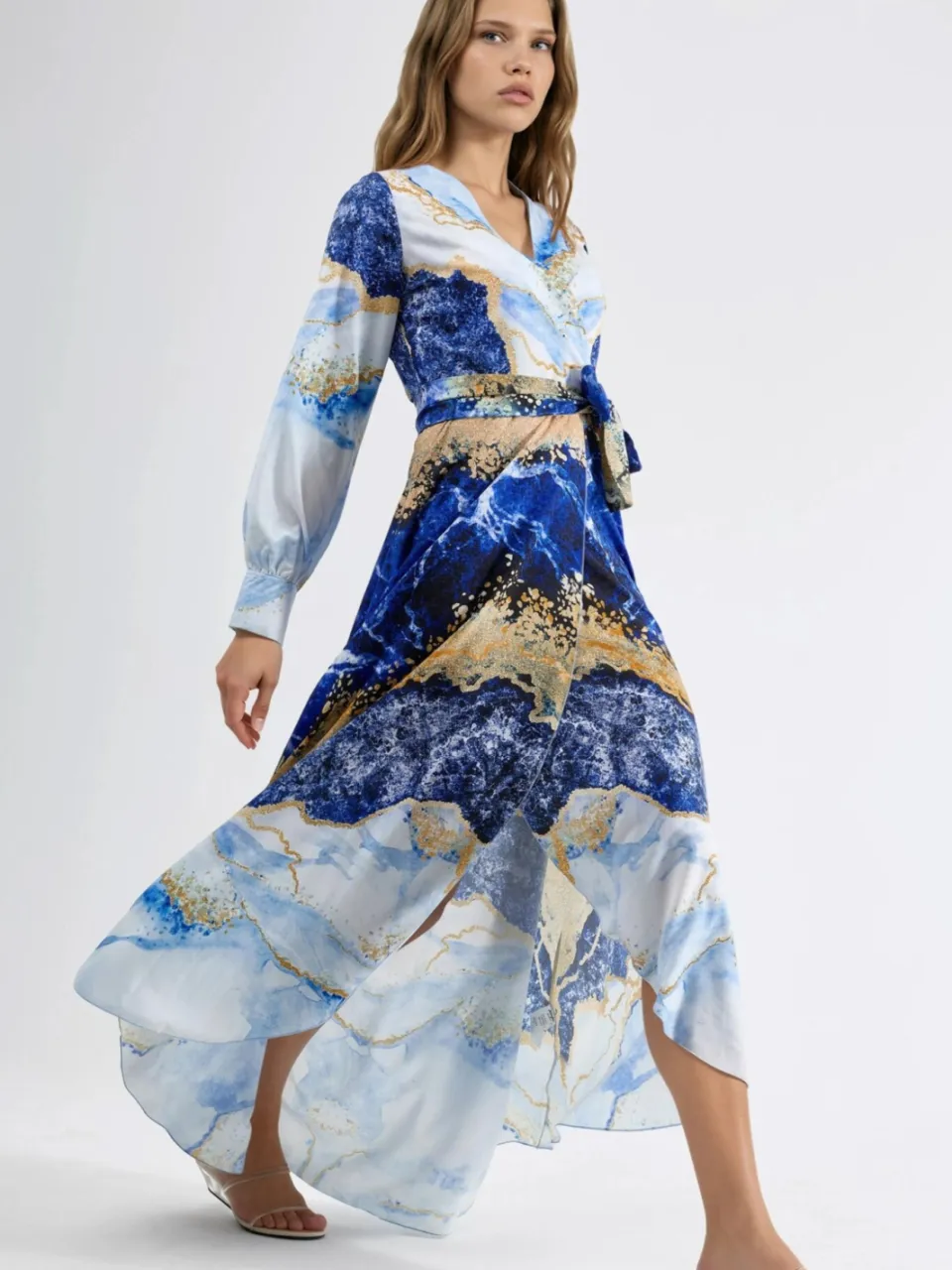 MSN Collection Abstracte Print Lange Mouw Maxi Jurk met Strikdetail blauw, foto 2
