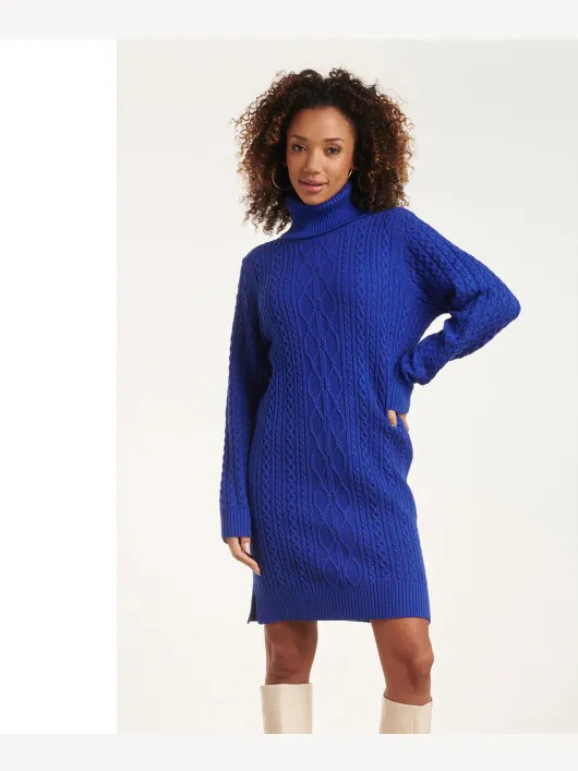 Smashed Lemon 24629 blauwe gebreid jurk met kabeltructuur