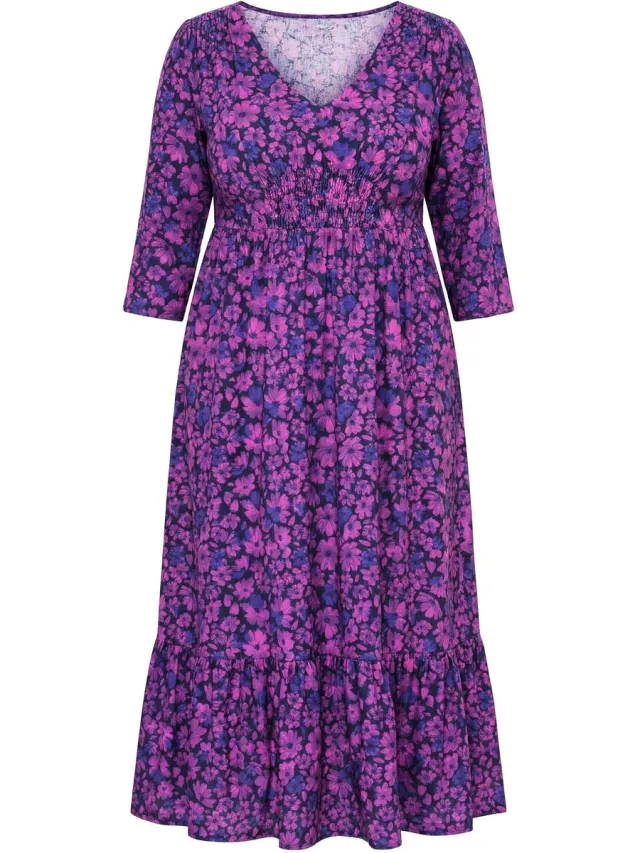 Ulla Popken Dames - Jersey jurk bloemen A-lijn V-hals 3/4-mouwen - Licht fuchsia - Maat 46+
