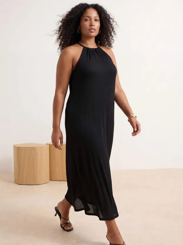 Trendyol Curve Dames Zwart Effen Midi Mouwloos Casual Recht Grote maten Jurk