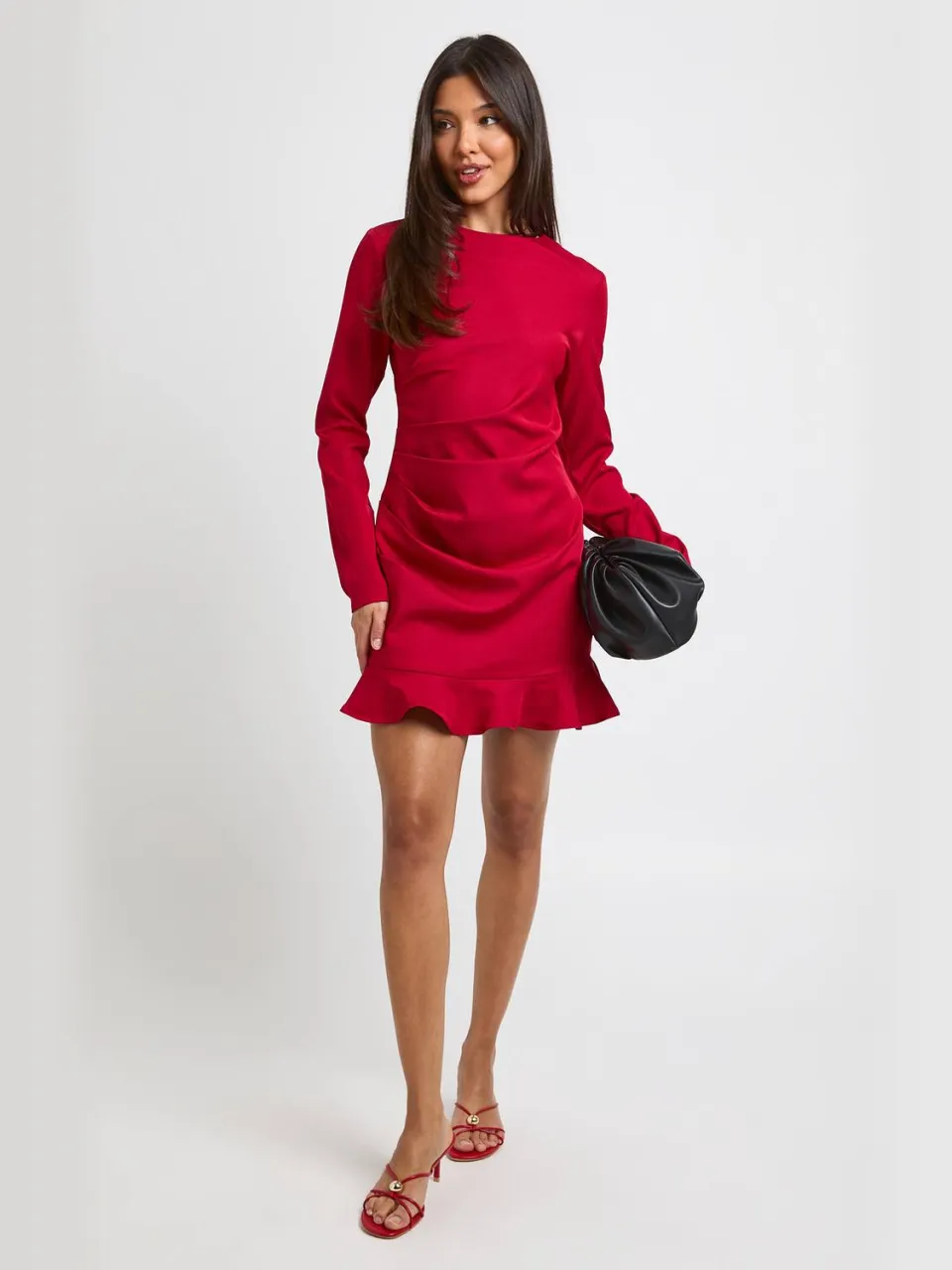 boohoo Dames Geplooid Mini-jurkje Met Ruchemouwen rood, foto 2