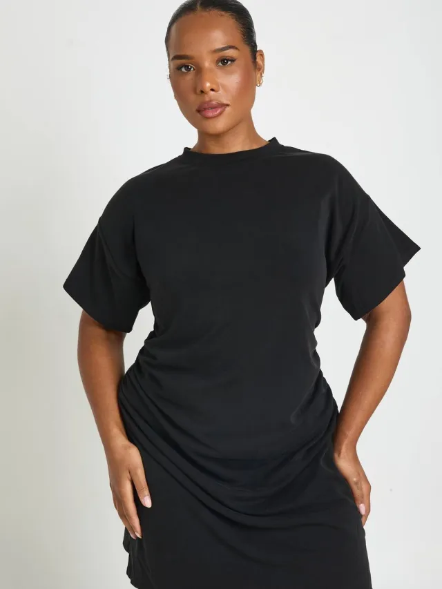 boohoo Dames Plus T-shirt Jurk Met Geplooid Middel Zwart