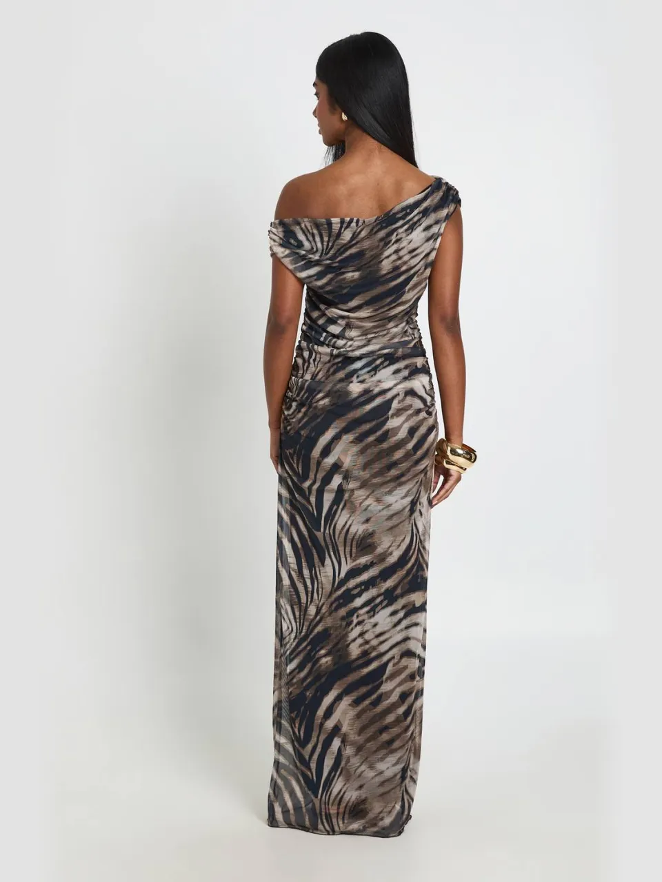boohoo Dames Maxi Jurk Met Dierenprint, Mesh En Off-shoulder, foto 3