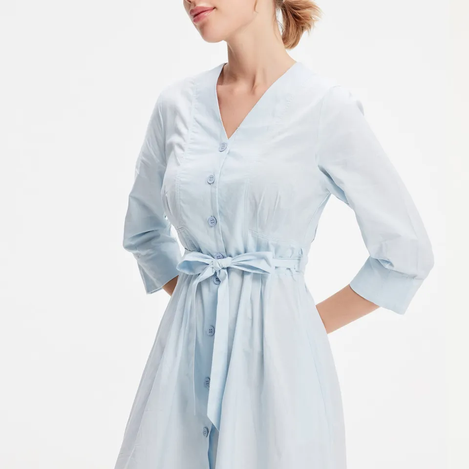 S&J Weekends Minimalistische katoenen shirtjurk met geknoopte riem hemelsblauw, foto 2