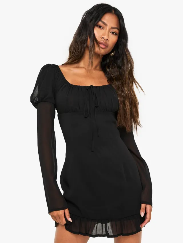 boohoo Dames Gerimpelde chiffon mini-jurk met lange mouwen Zwart