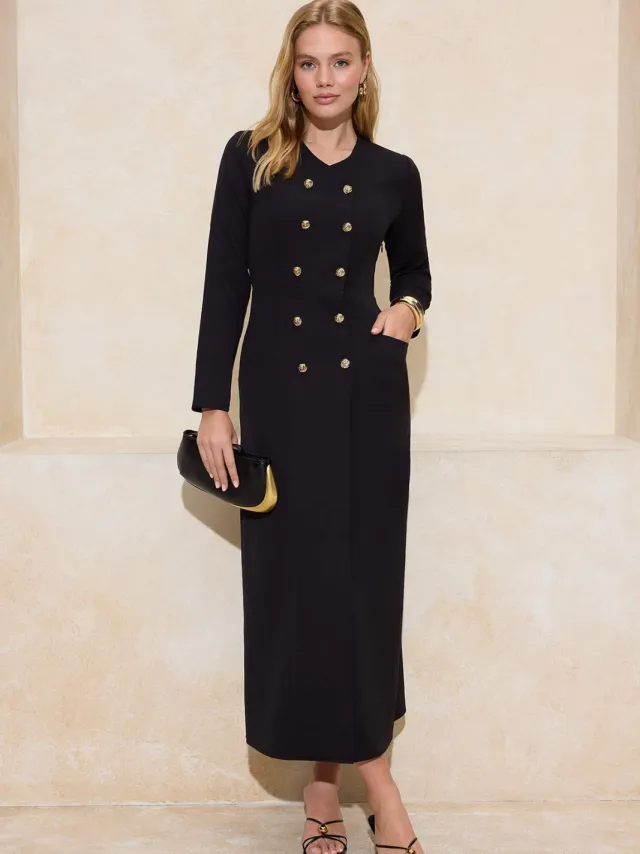 Trendyol Modest Dames Zwart Effen Maxi Lang Zakelijk Double-breasted Modest Jurken