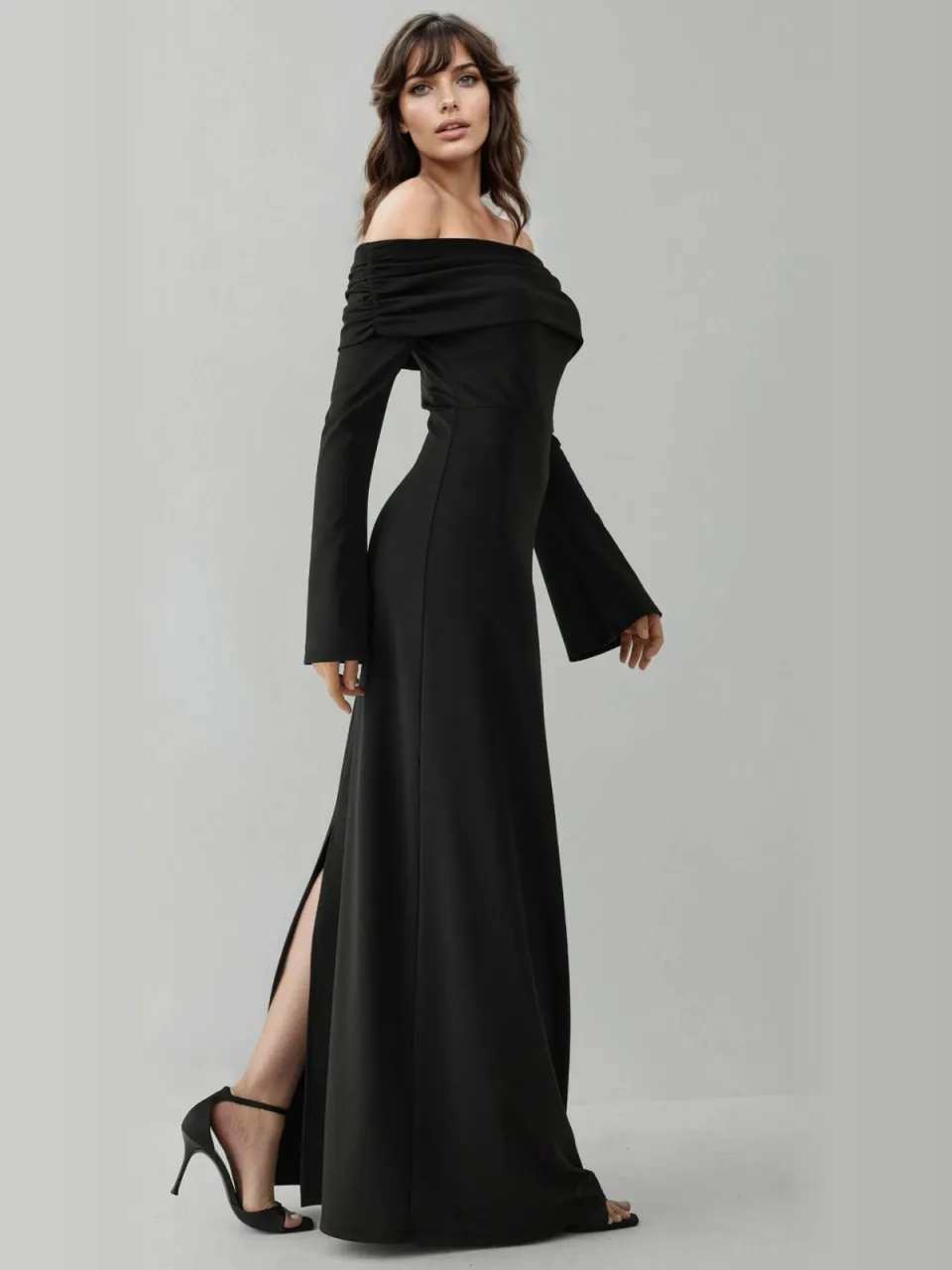 Hiccup Off-shoulder maxi jurk met split zwart, foto 2