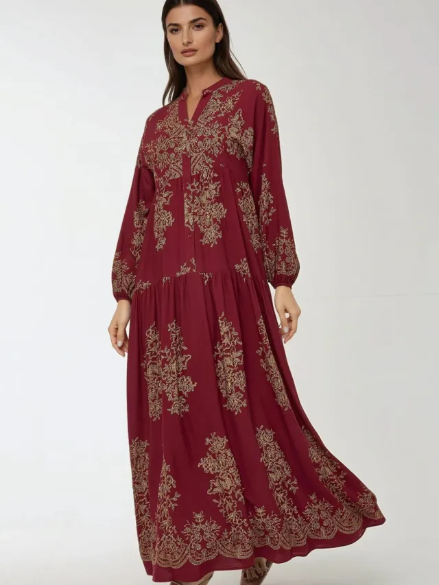 Hiccup Geprinte Lange Mouwen Viscose Maxi Jurk Rood