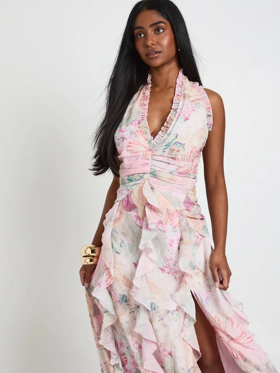 boohoo Dames Chiffon Bloemenprint Maxi Jurk Met Ruches En Halternek perzik, foto 3