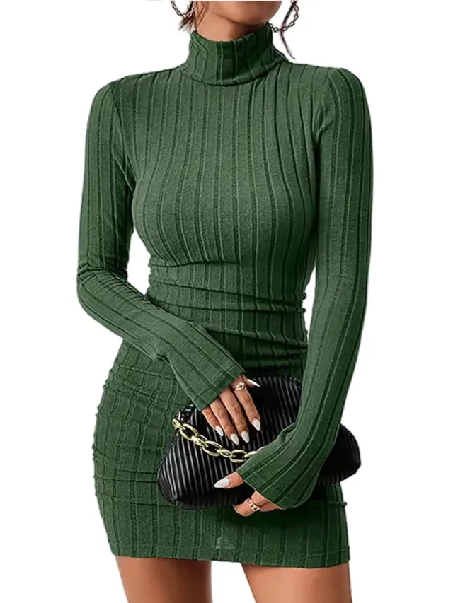 RedParrot Modieuze jurk coltrui - Lange mouwen - Herfst Winter - Mini bodycon - Groen