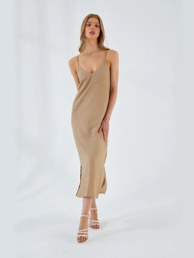 Mixray V-hals Split Midi-jurk Beige