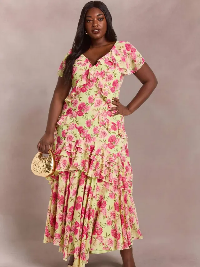 boohoo Dames Plus Dobby Chiffon Maxi Jurk Met Bloemenprint En Ruches Verstandig