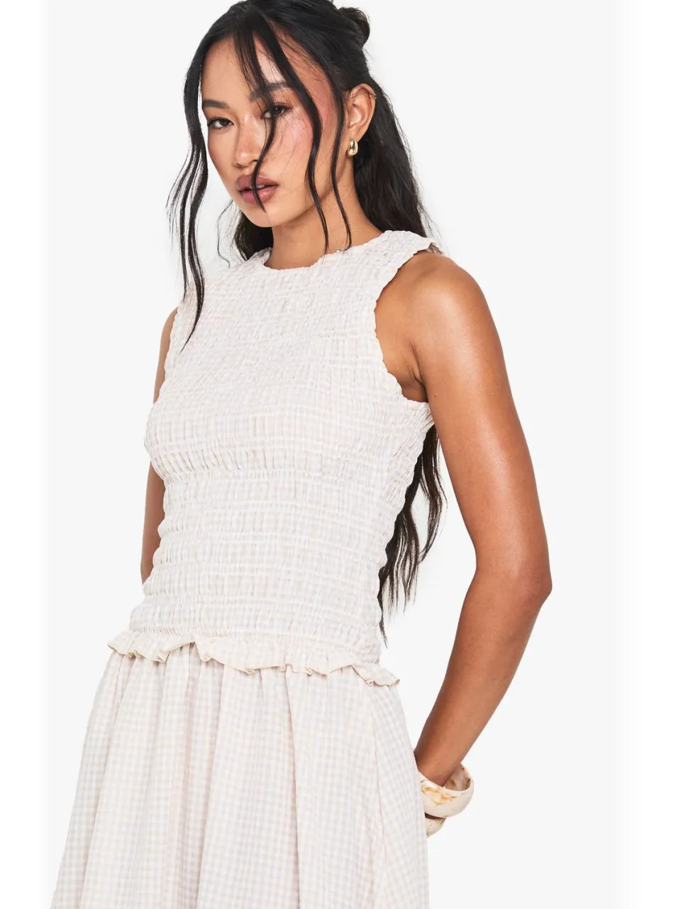 boohoo Dames Gingham met gerimpelde details, drop waist midaxi-jurk steen, foto 3