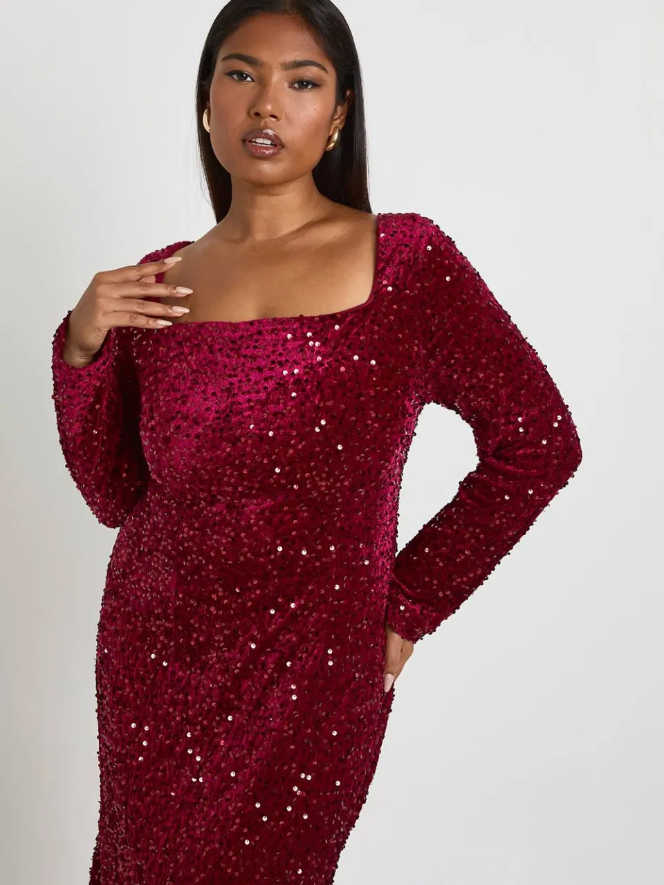 boohoo Dames Plus Jurk met Lange Mouwen en Vierkante Hals bordeaux rood, foto 3