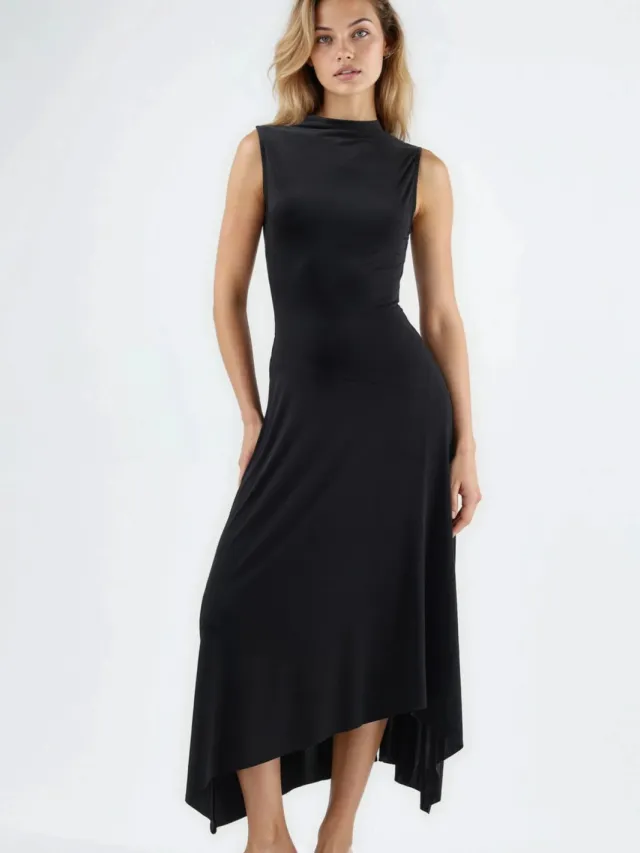 Hiccup Asymmetrische Midi Sandy Jurk Zwart