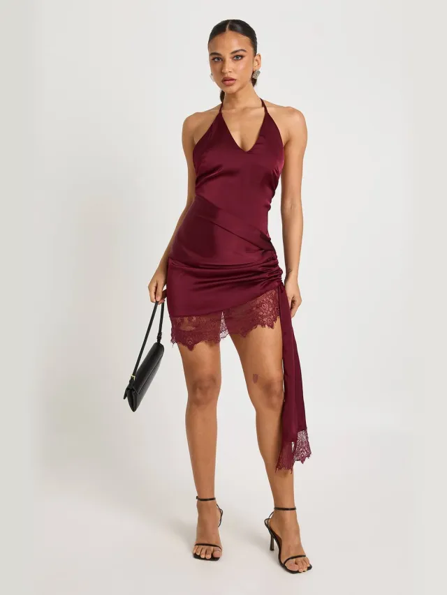 boohoo Dames Wikkeljurk met kant Bordeaux Rood