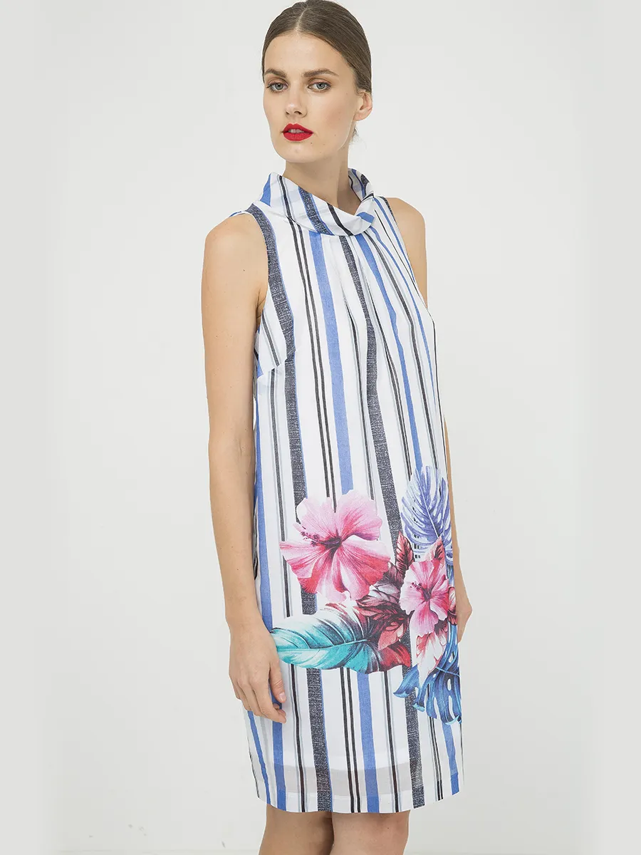 Conquista Mouwloze jurk met print en opstaande kraag blauw, foto 2