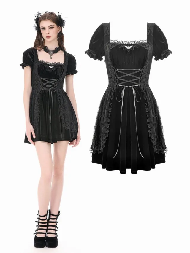 Dark In Love Velvet Gown with Vintage Lace Patchwork, Bat Motif and Corset Laceup Detail Korte jurk - S - Zwart