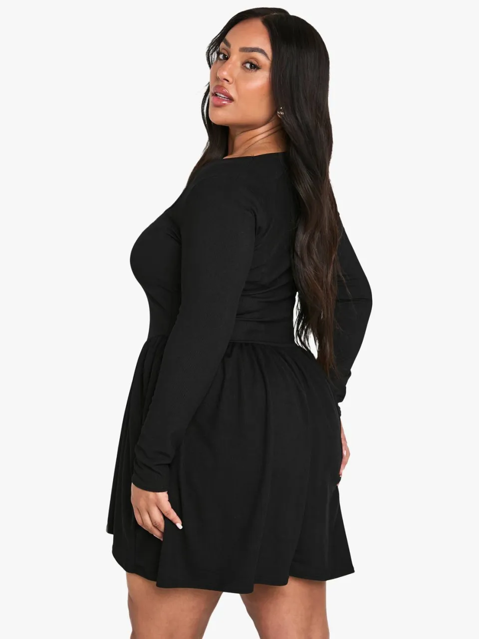 boohoo Dames Plus rib boogdetail skaterjurk zwart, foto 2