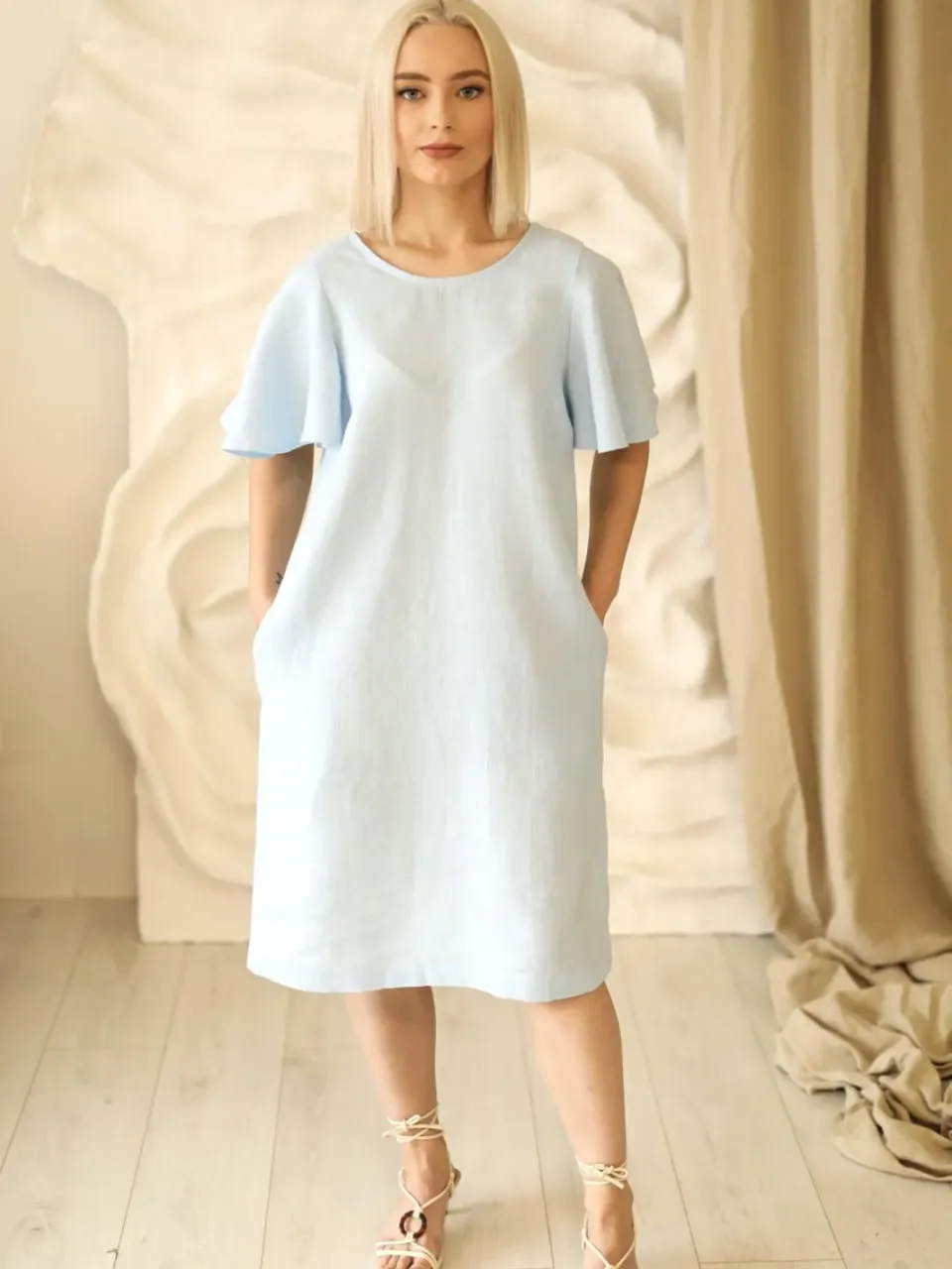 Amber Linen dames vegan Jurk Capri Hemelsblauw lichtblauw, foto 2
