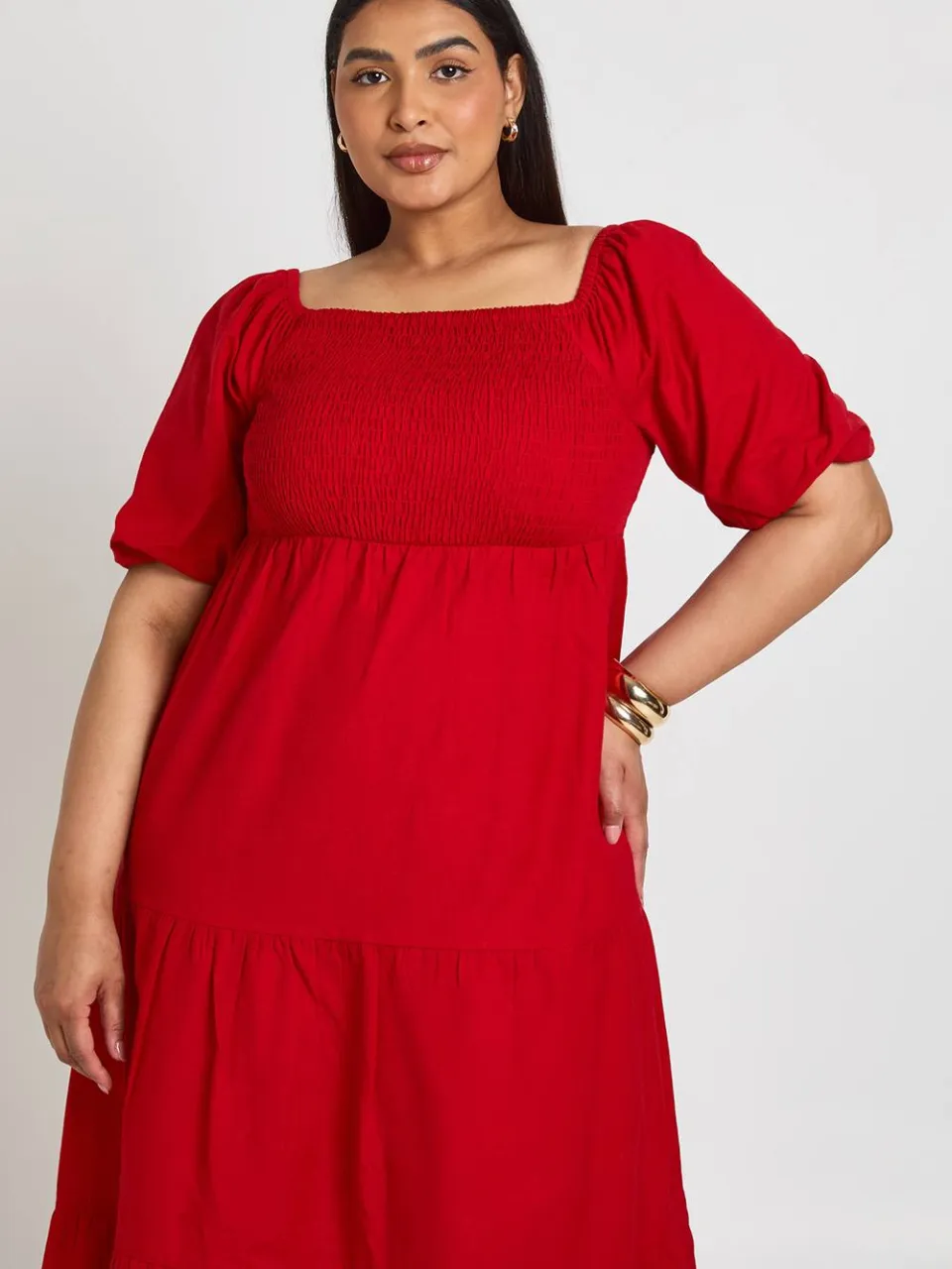 boohoo Dames Plus Linnen-look Jurk Met Volumemouwen En Gelaagde Midaxi Rok rood, foto 4